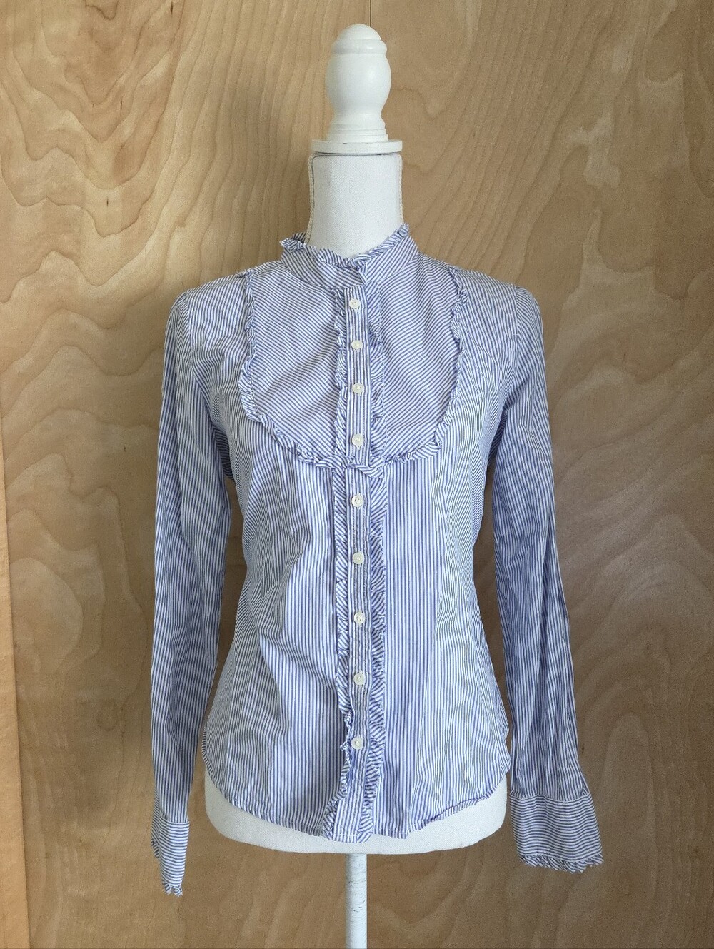 Vintage Y2k J Crew Pinstripe Blue And White Ruffle Trim Button Down Blouse Top